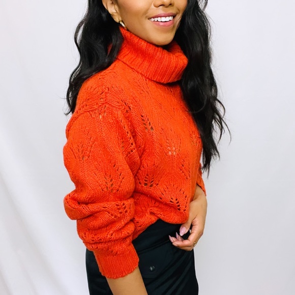 Vintage | Orange Pointelle Drop Shoulder Balloon Sleeve Turtleneck Sweater - Picture 12 of 13